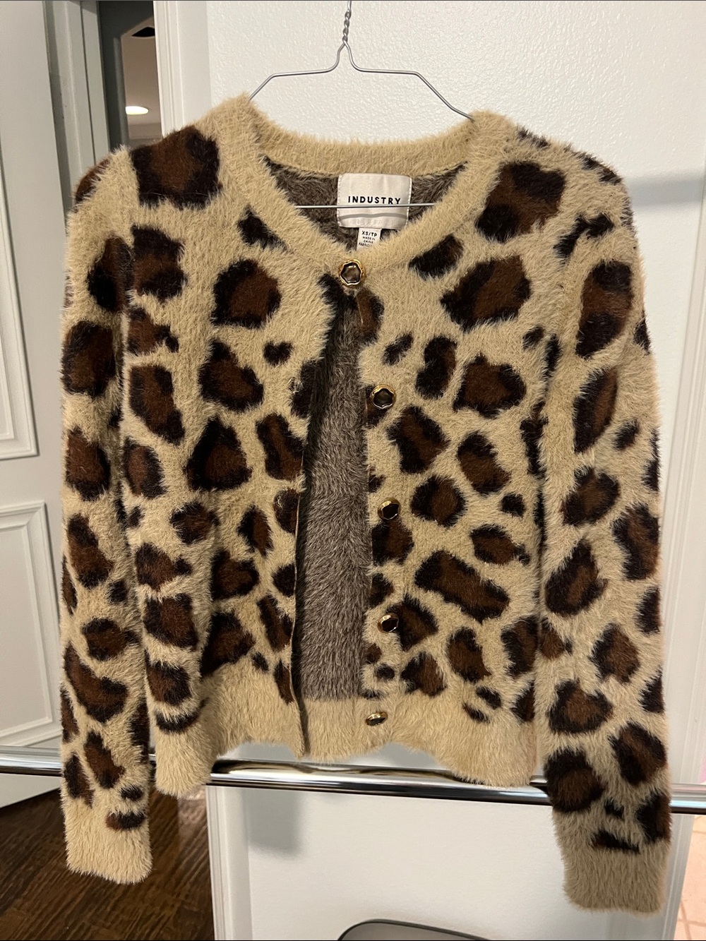 INDUST RY Leopard Print Fuzzy Cardigan Sweater - Beige/Brown